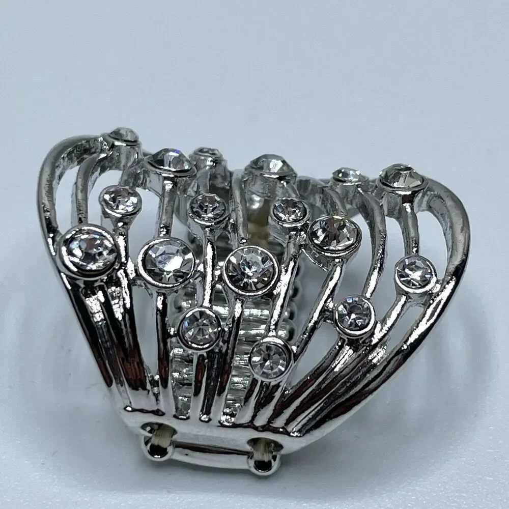 Stunning Silver Tone White Rhinestone Wide Stretch Band Ring Statement Fashion